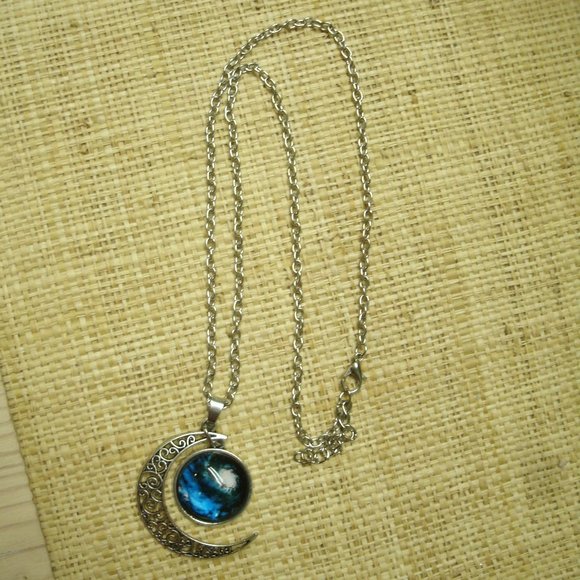 Crescent Moon with Galaxy Cabochon Dangle Necklace - Picture 2 of 13